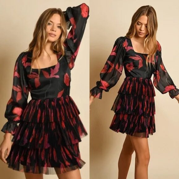 Hutch Black and Red Floral Mini Dress - Picture 1 of 16